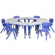 Blue Trapezoid Plastic Activity Table Configuration with 6 School Stack Chairs