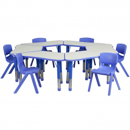 Blue Trapezoid Plastic Activity Table Configuration with 6 School Stack Chairs