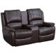 Repose Collection 2-Seat Reclining Pillow Back Brown Leather Theater Seating Unit with Cup Holders