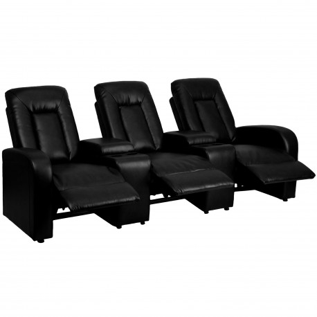 Tranquil Collection 3-Seat Reclining Black Leather Theater Seating Unit with Cup Holders