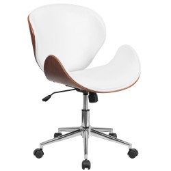 Mid-Back Natural Wood Swivel Conference Chair in White Leather