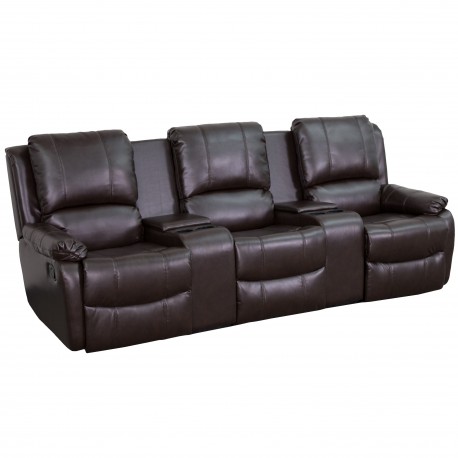 Repose Collection 3-Seat Reclining Pillow Back Brown Leather Theater Seating Unit with Cup Holders