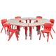 Red Trapezoid Plastic Activity Table Configuration with 6 School Stack Chairs