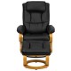 Contemporary Black Leather Recliner and Ottoman with Swiveling Maple Wood Base