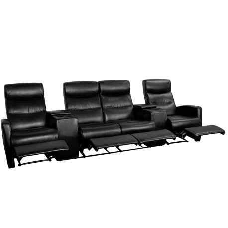 Lux Collection 4-Seat Reclining Black Leather Theater Seating Unit with Cup Holders