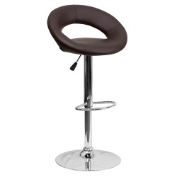 Contemporary Brown Vinyl Rounded Back Adjustable Height Bar Stool with Chrome Base
