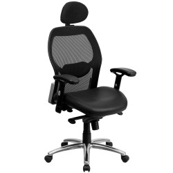 High Back Super Mesh Office Chair with Black Leather Seat and Knee Tilt Control