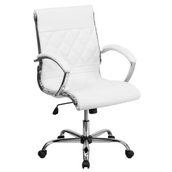 Mid-Back Designer White Leather Executive Office Chair with Chrome Base