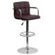 Contemporary Brown Quilted Vinyl Adjustable Height Bar Stool with Arms and Chrome Base
