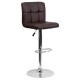Contemporary Brown Quilted Vinyl Adjustable Height Bar Stool with Chrome Base