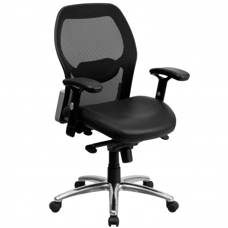 Mid-Back Super Mesh Office Chair with Black Leather Seat and Knee Tilt Control