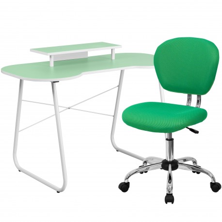 Green Computer Desk with Monitor Platform and Mesh Chair