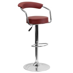 Contemporary Burgundy Vinyl Adjustable Height Bar Stool with Arms and Chrome Base