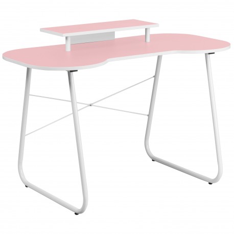 Pink Computer Desk with Monitor Platform and White Frame