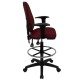 Mid-Back Burgundy Fabric Multi-Functional Drafting Stool with Arms and Adjustable Lumbar Support