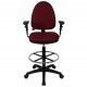 Mid-Back Burgundy Fabric Multi-Functional Drafting Stool with Arms and Adjustable Lumbar Support