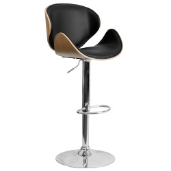 Beech Bentwood Adjustable Height Bar Stool with Curved Black Vinyl Seat and Back