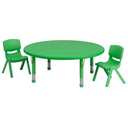 45'' Round Adjustable Green Plastic Activity Table Set with 2 School Stack Chairs