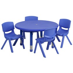 33'' Round Adjustable Blue Plastic Activity Table Set with 4 School Stack Chairs